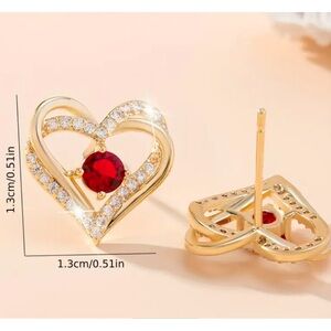 Gold Heart Earrings with Red Gemstone and Sparkling Border